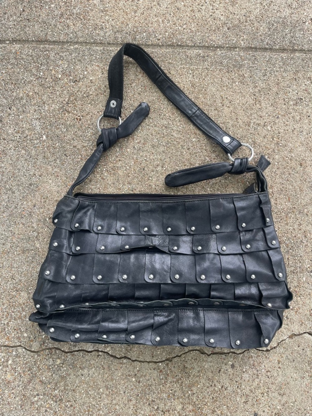 Black Studded Layered Leather Shoulder Bag